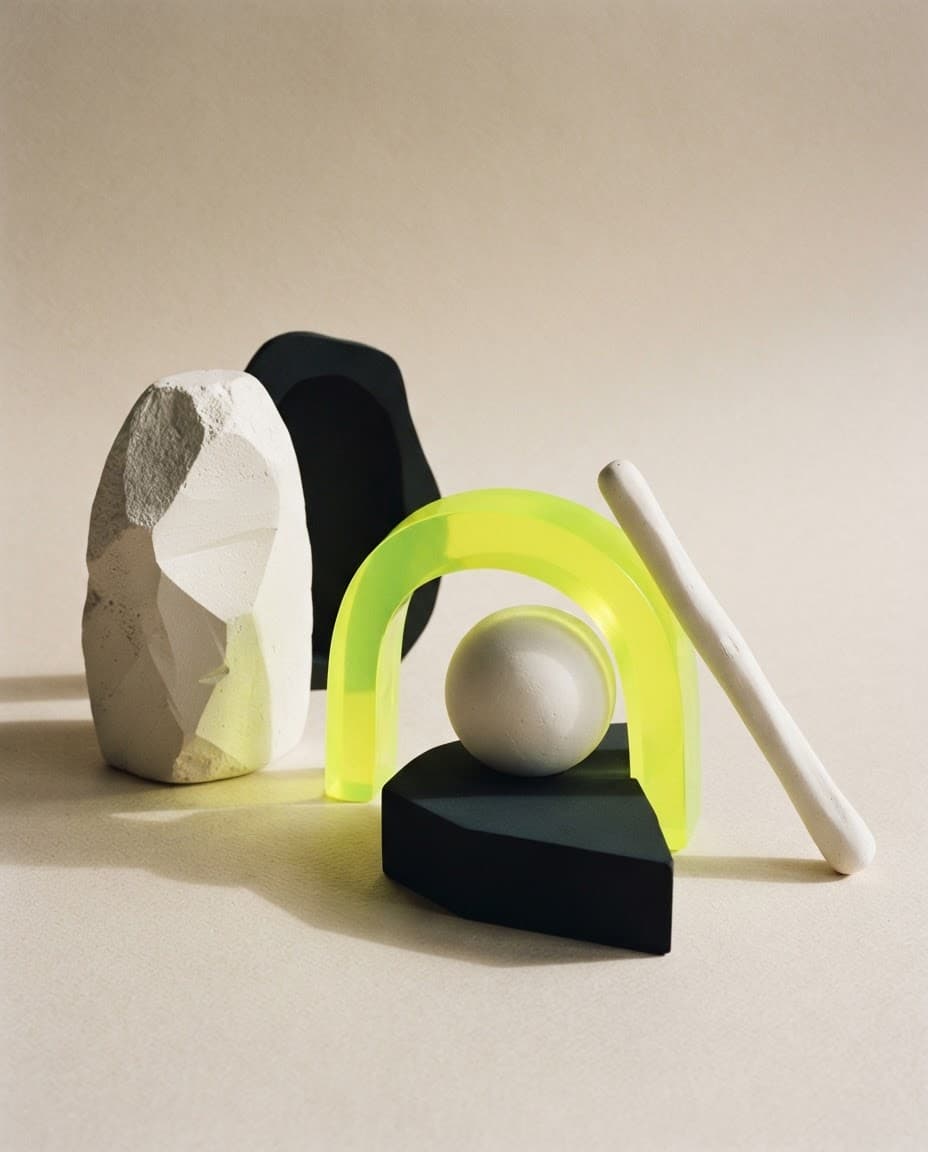 Nature morte avec pierre blanche, arche fluo et sphère