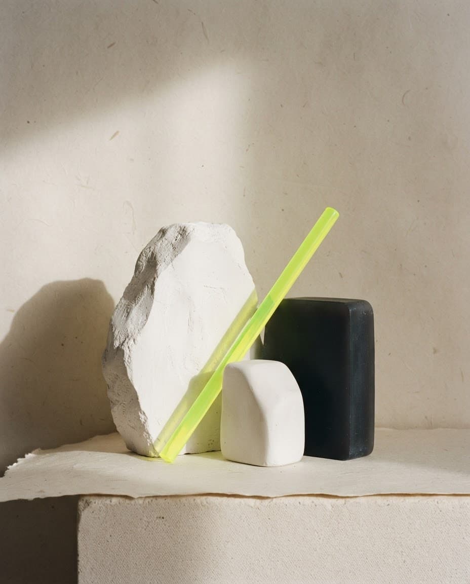 Photo d'exemple : nature morte avec une pierre blanche, une tige fluo et un bloc noir sur du papier
