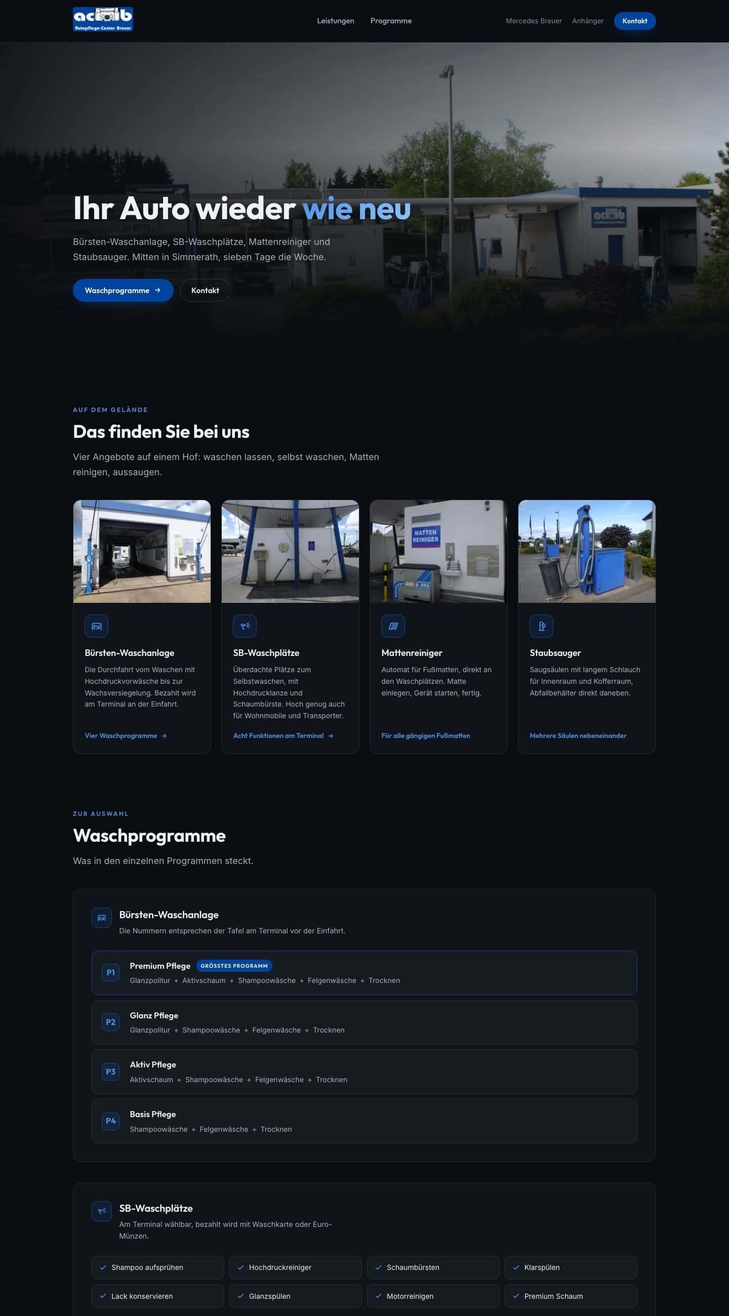 ACB Waschanlage, the top of the site on desktop